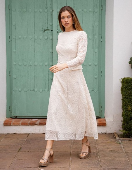 Vestido midi de encaje con falsos bolsillos color blanco