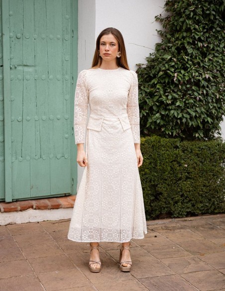 Vestido midi de encaje con falsos bolsillos para invitada