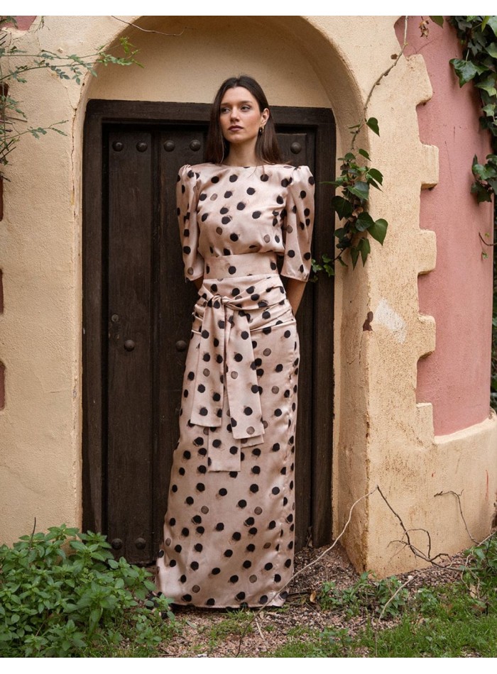 Long skirt with double front lacing and polka...