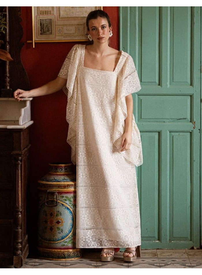 Ecru lace midi dress with maxi sleeves with...