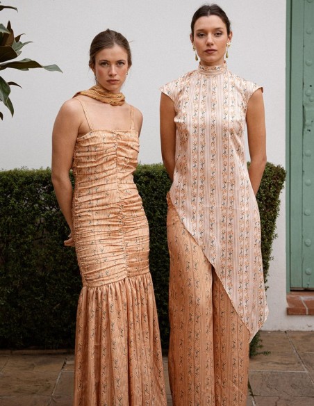 Long strapless dress in toasted yellow with floral print