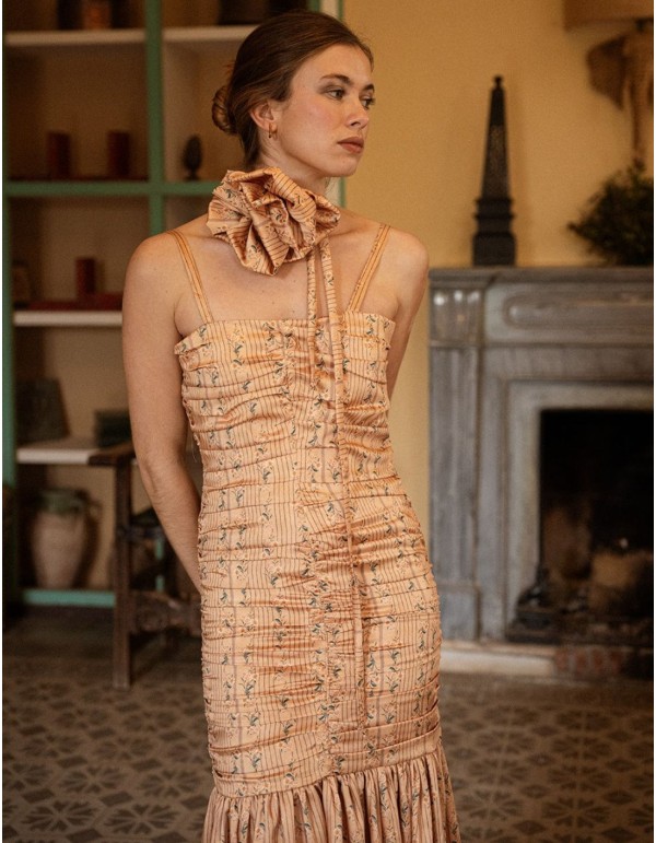 Robe longue à bretelles en jaune grillé avec imprimé floral 2