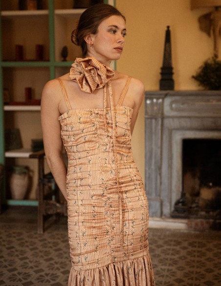 Long strapless dress in toasted yellow with floral print