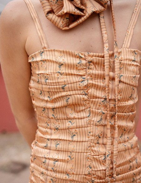 Long strapless dress in toasted yellow with floral print