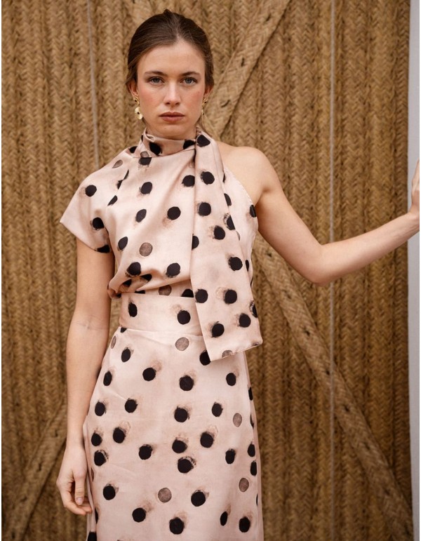 Asymmetrical short sleeve top with polka dot print and... 2