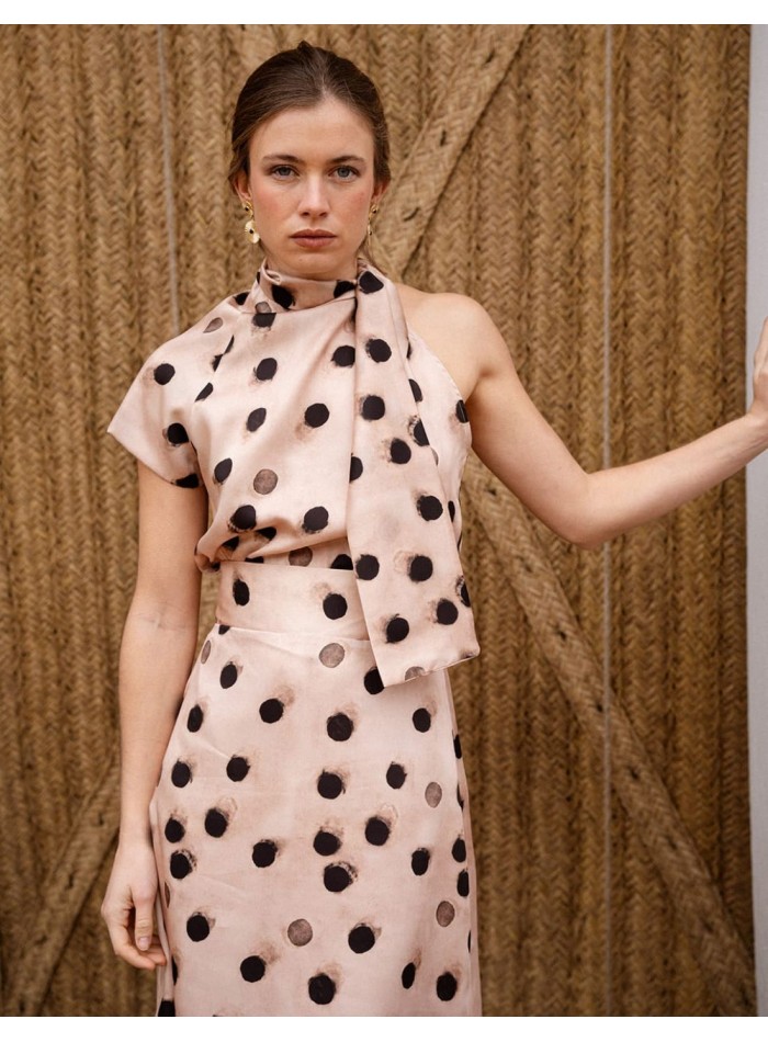 Asymmetrical short sleeve top with polka dot...