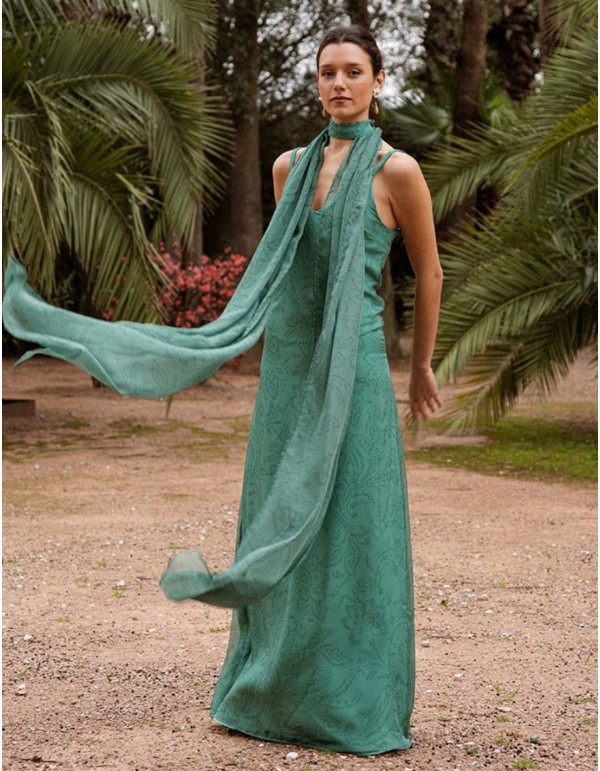 Long emerald green chiffon dress with floral print and cape