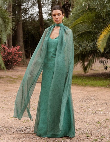 Long emerald green chiffon dress with floral print and cape