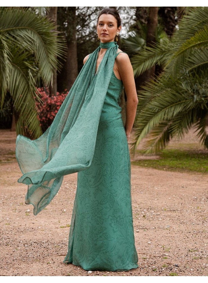 Longue robe en mousseline de soie vert émeraude...