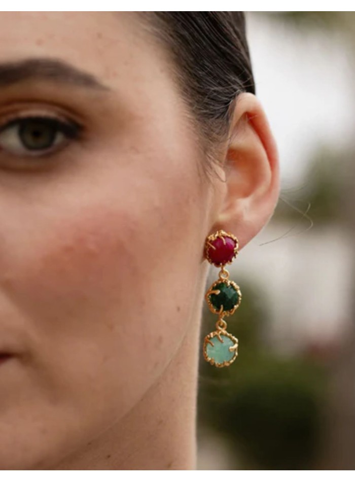 Boucles d'oreilles avec trois pierres rondes en...