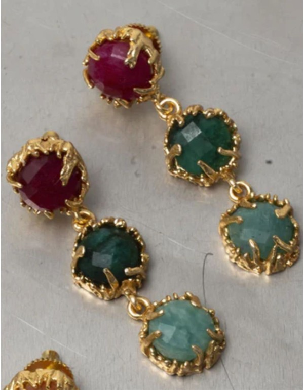 Earrings with three round stones in cascade and golden... 2