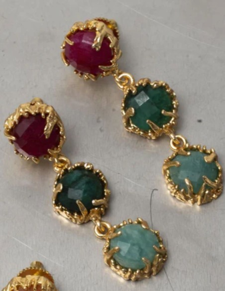 Boucles d'oreilles avec trois pierres rondes en cascade et structure plaquée or