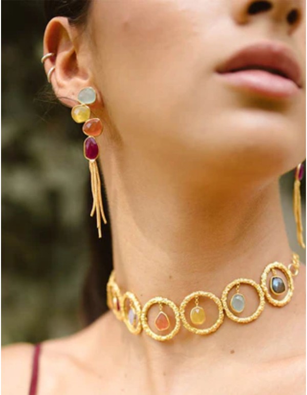 Earrings with irregular multicolored stones and chain bangs 2