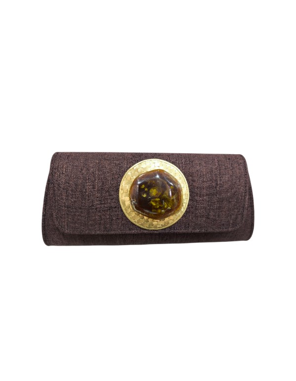 Chocolate brown jute handbag with natural stone