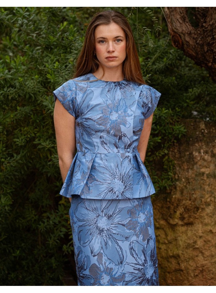 Floral print jacket in brocade with ruffle