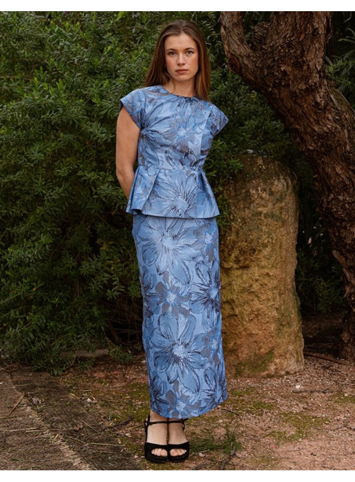 Floral print jacket in brocade with ruffle