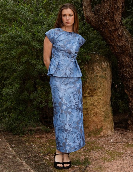 Floral print jacket in brocade with ruffle