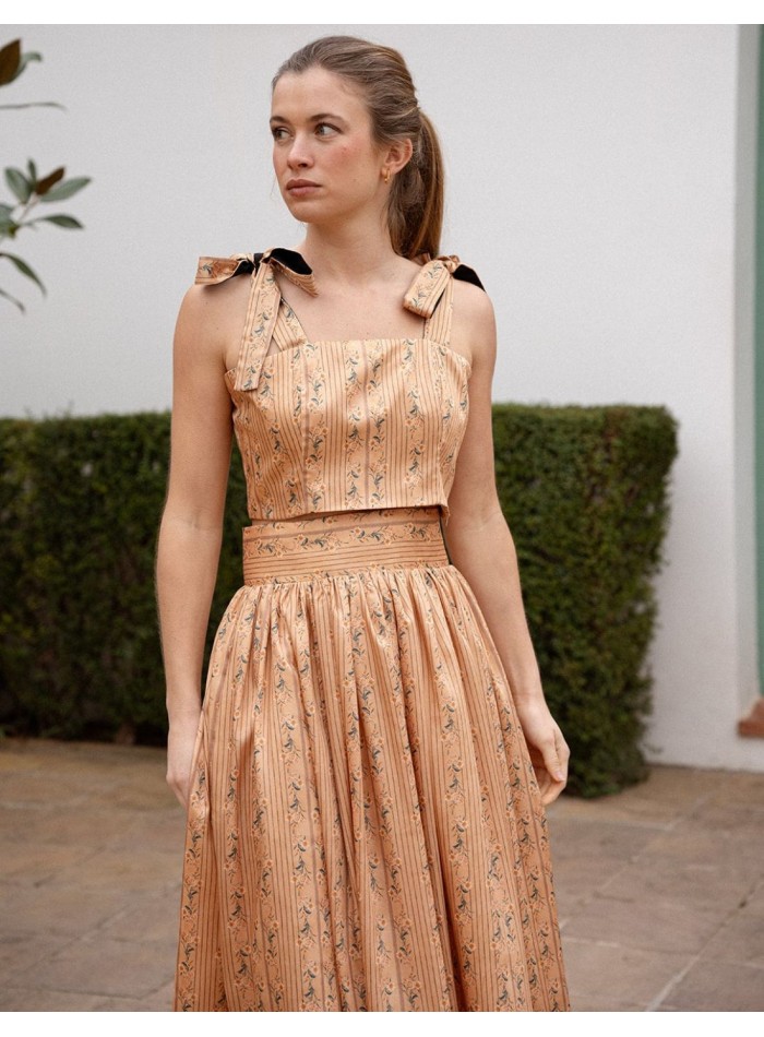 Printed strapless short top with lace and print