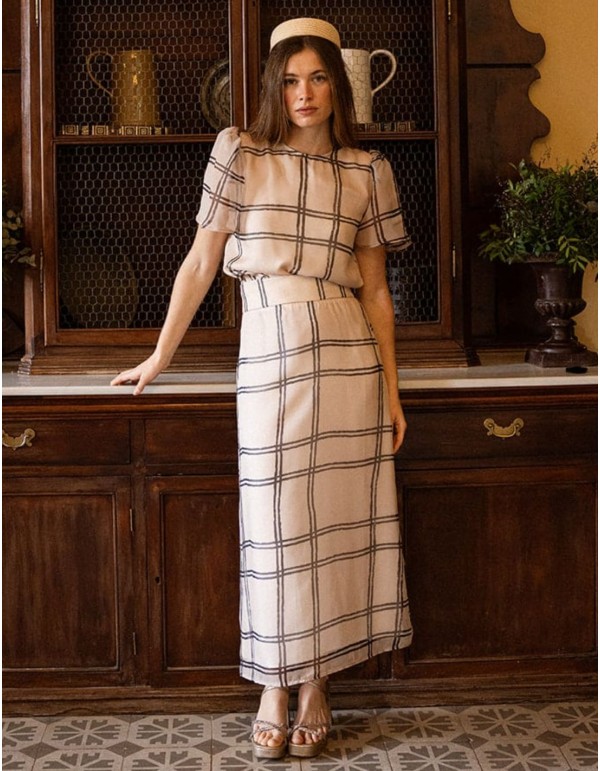 Flared midi skirt in chiffon with checkered print