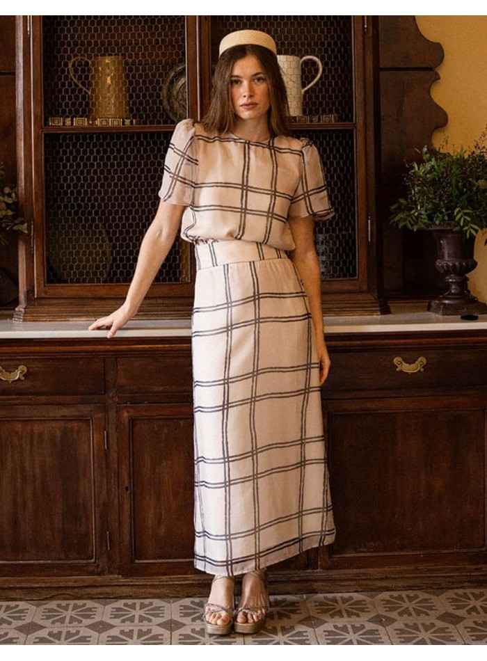 Flared midi skirt in chiffon with checkered print