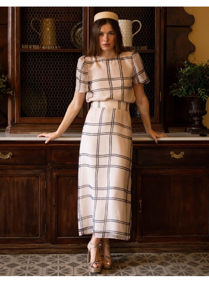 Flared midi skirt in chiffon with checkered print