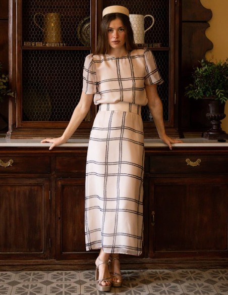 Flared midi skirt in chiffon with checkered print