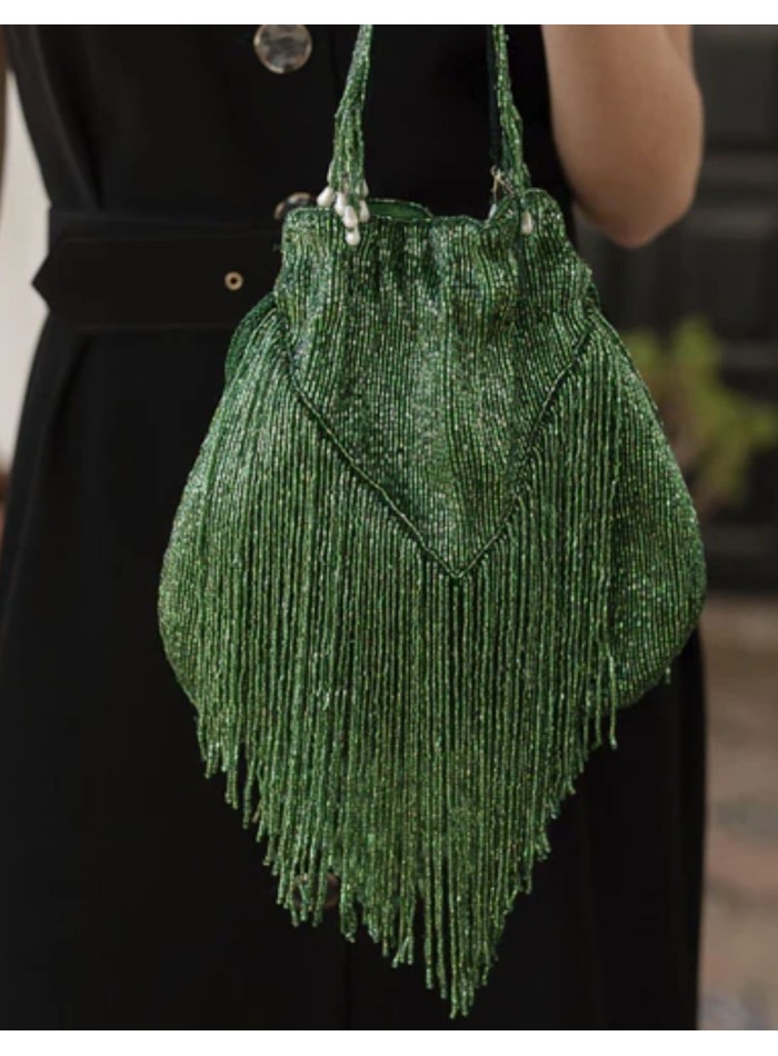 Green beaded and fringed bowler bag with beads...