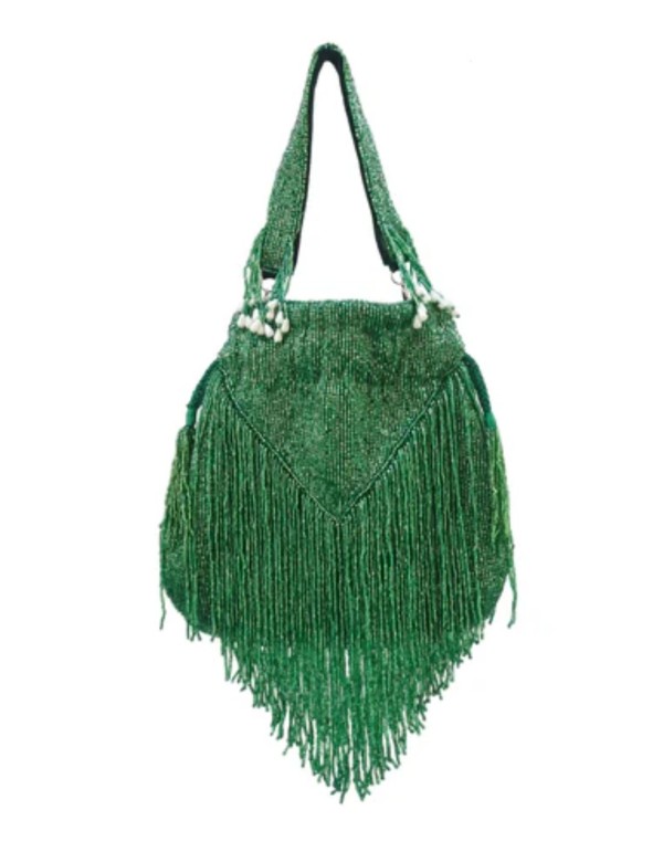 Green beaded and fringed bowler bag with beads and bangs 2
