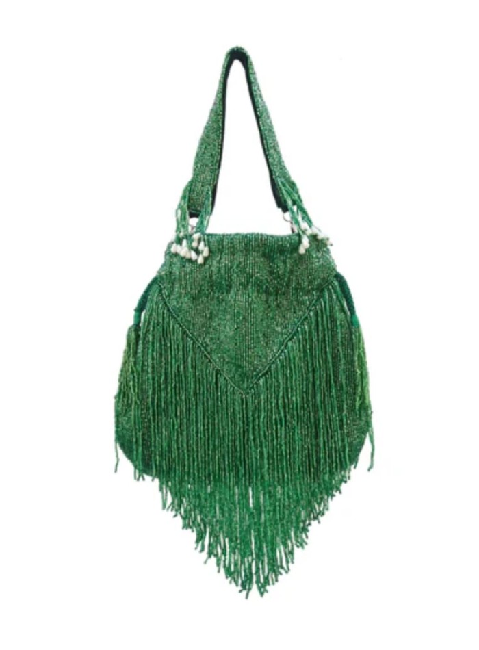 Green beaded and fringed bowler bag with beads...