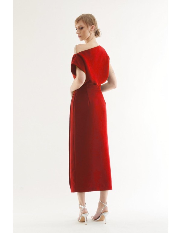 Red midi dress with asymmetrical bardot neckline and... 2