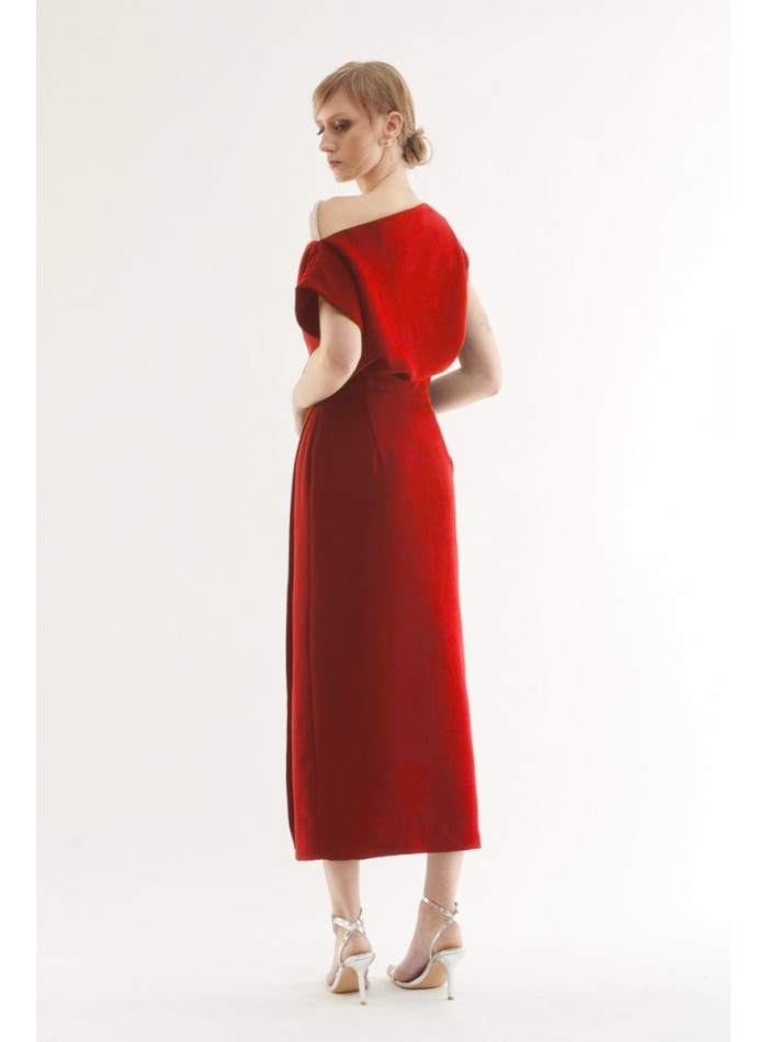 Red midi dress with asymmetrical bardot...