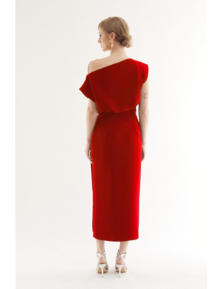 Red midi dress with asymmetrical bardot neckline and rhinestones
