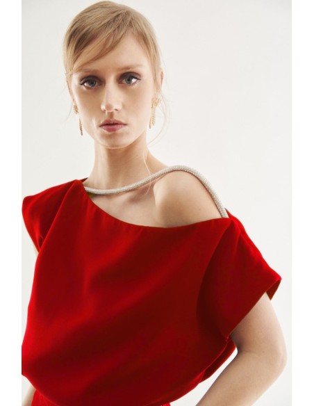 Red midi dress with asymmetrical bardot neckline and rhinestones