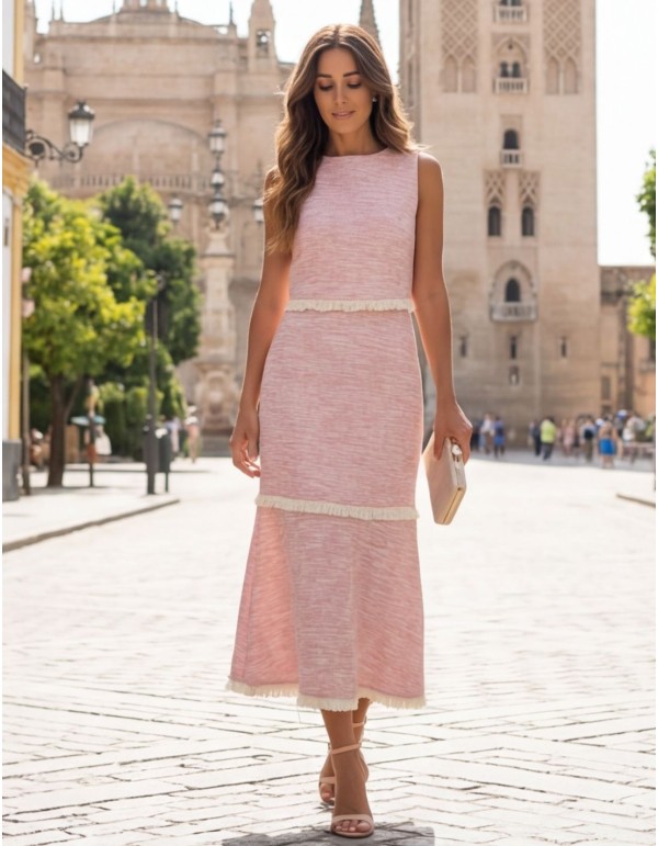 Ensemble deux pièces rose pâle avec franges