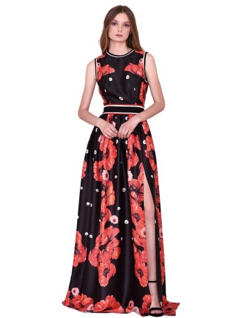 Long black party dress with red floral print nuribel - 1