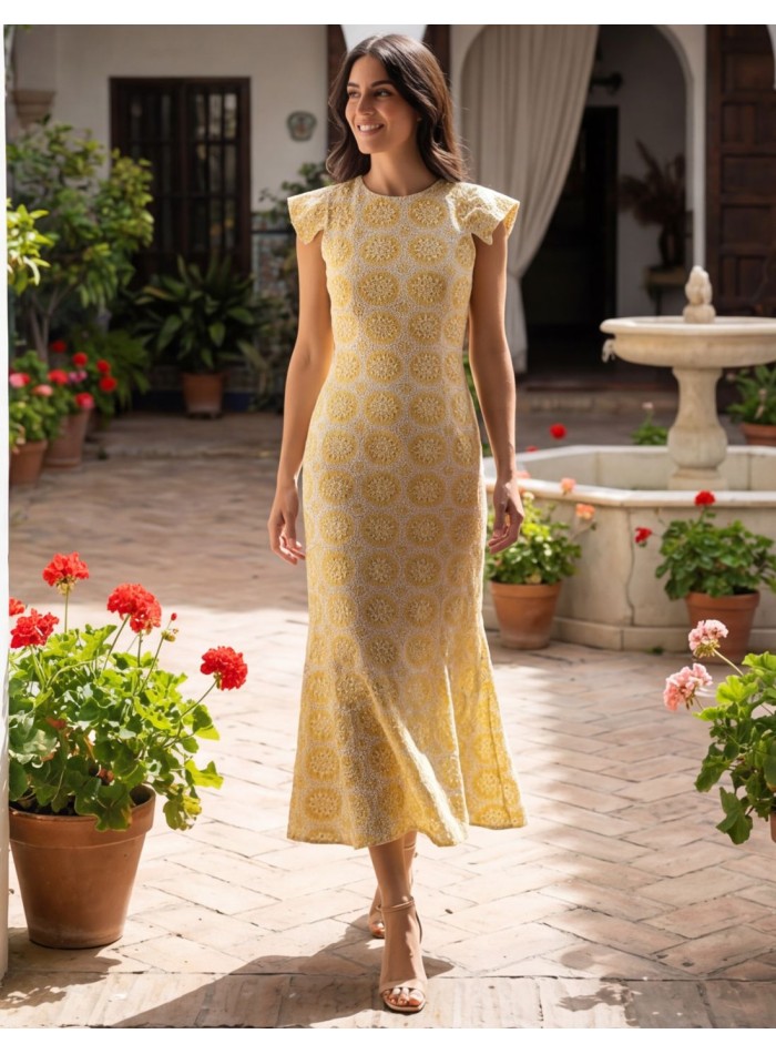 Yellow midi dress with embroidery for guests