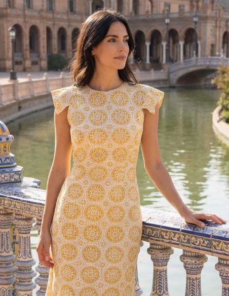 Yellow midi dress with embroidery for guests