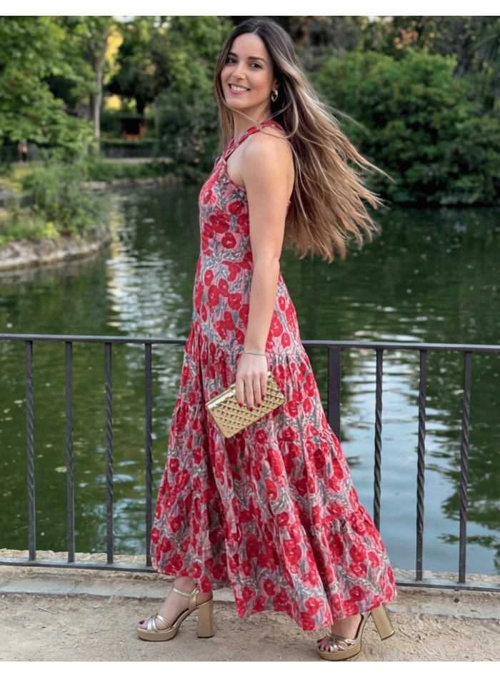 Floral Print Midi Halter Dress in red tones