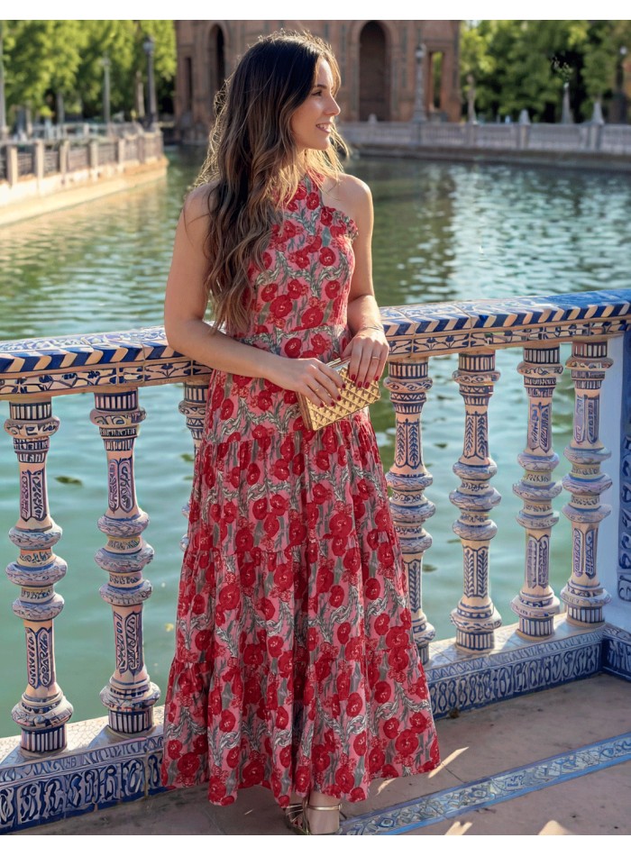 Vestido Midi Halter Estampado Floral en tonos rojos