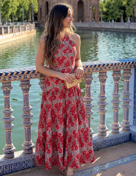 Vestido Midi Halter Estampado Floral en tonos rojos