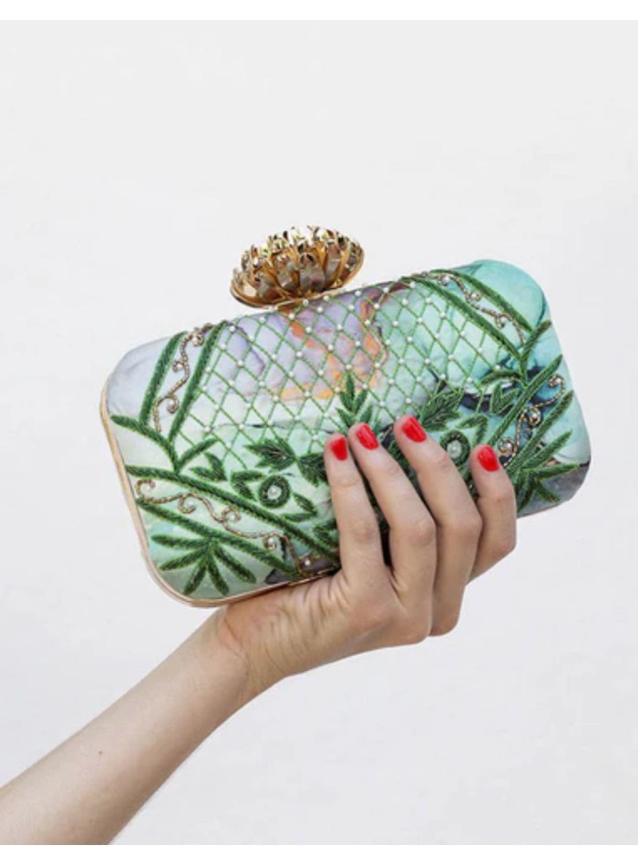Sac à main vert pour invités avec tissu imprimé...