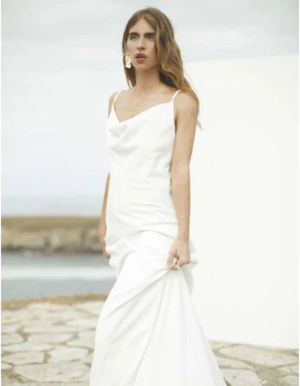 Minimalist satin wedding dress with spaghetti straps