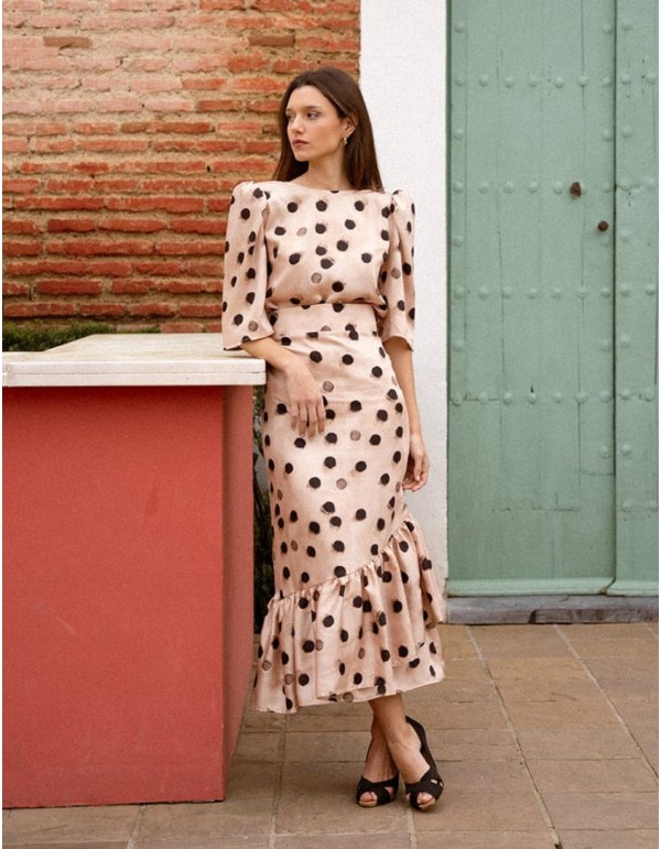 Midi skirt with polka dot print and ruffled hemline