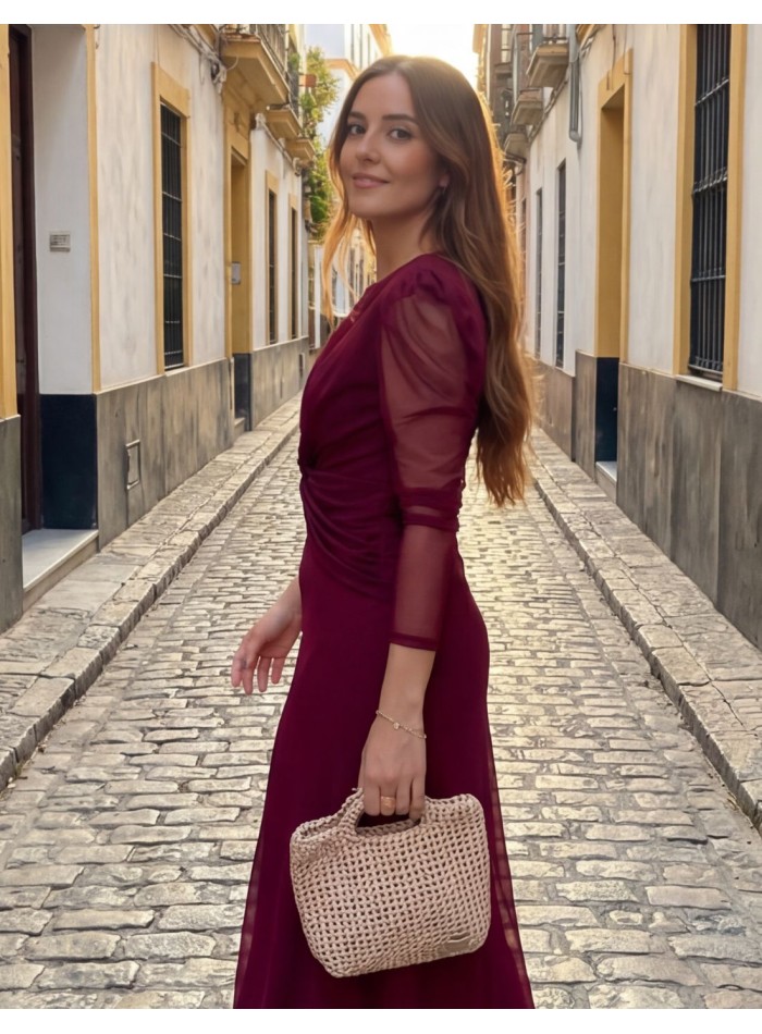 Burgundy midi dress with ruching and chiffon...