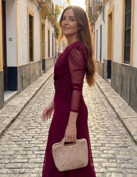 Burgundy midi dress with ruching and chiffon sleeves