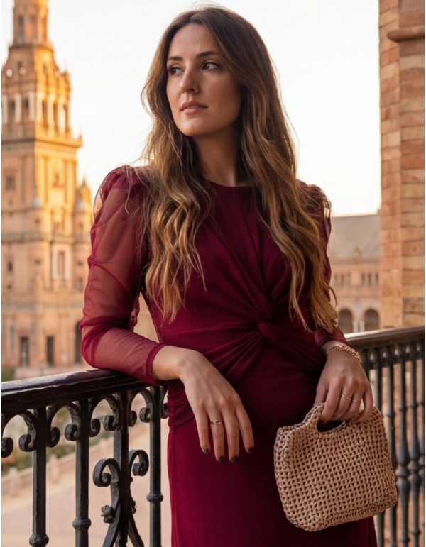 Robe midi bourgogne avec ruchés et manches en mousseline... 2