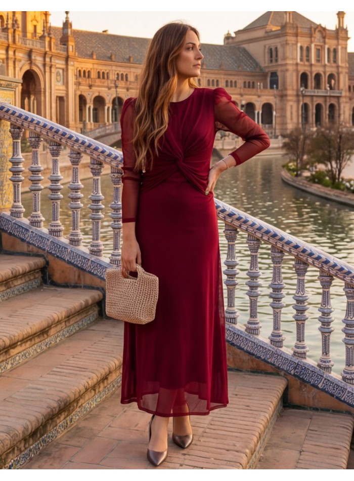 Burgundy midi dress with ruching and chiffon...
