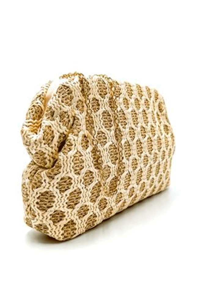 Beige and Camel Raffia Clutch Party Handbag