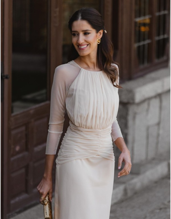 Vestido midi de escote cerrado y mangas transparentes - Invitada perfecta