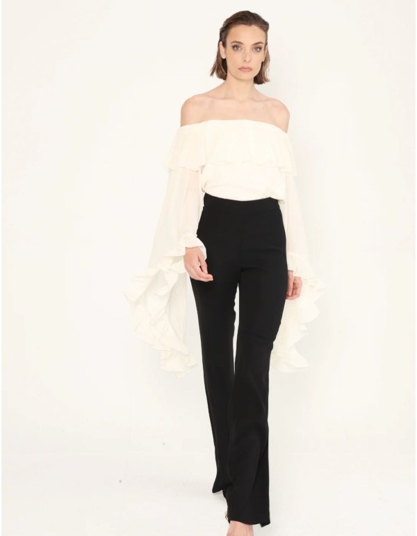 Ecru boho style blouse with chiffon bardot neckline